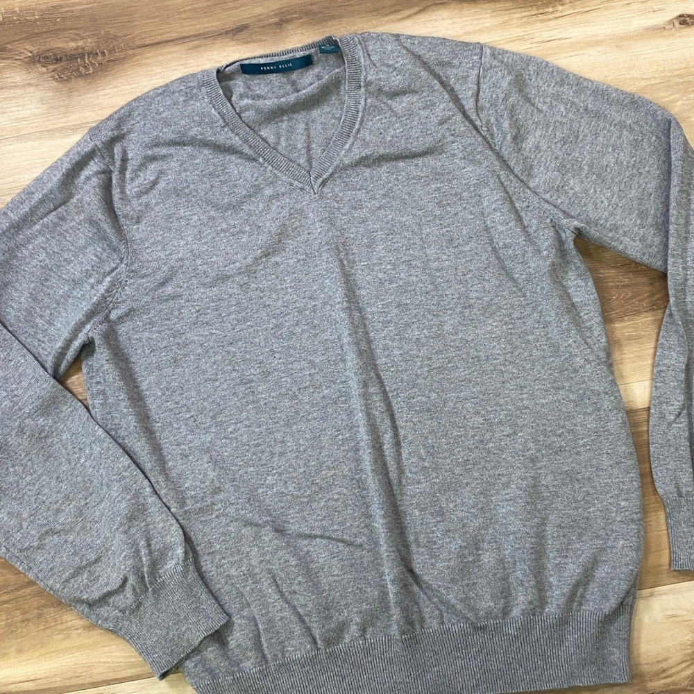 Perry Ellis V-Neck Sweater‎ Mens Medium Minimalist Cotton Viscose Gray Classic